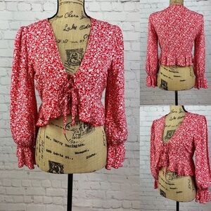 SHEIN Red Floral Ruffled Front Ties Crop Top